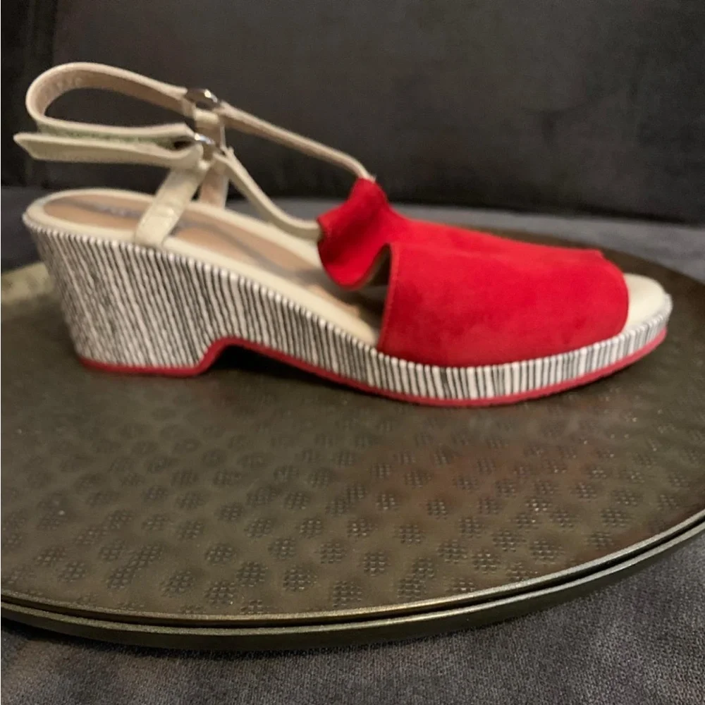 BeautiFeel Red Suede Wedge Sandals with Neutral Accents